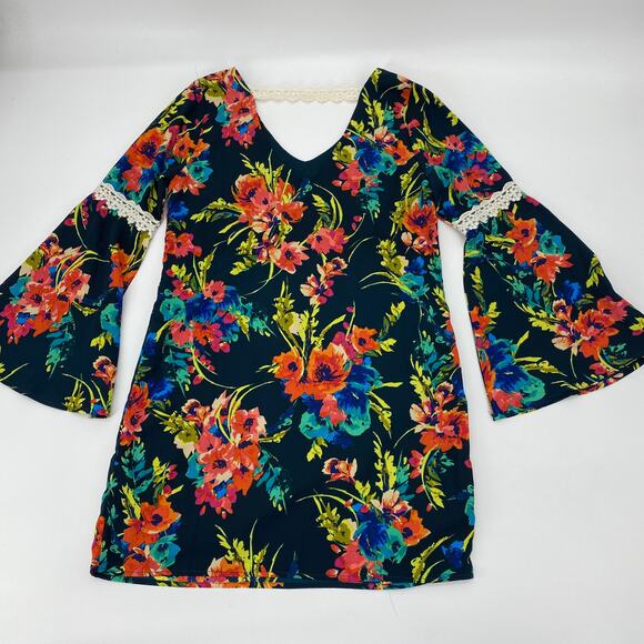 PINK OWL Women's Shift Dress Size S Floral Bell Sleeve Mini Boho Summer - Picture 2 of 8